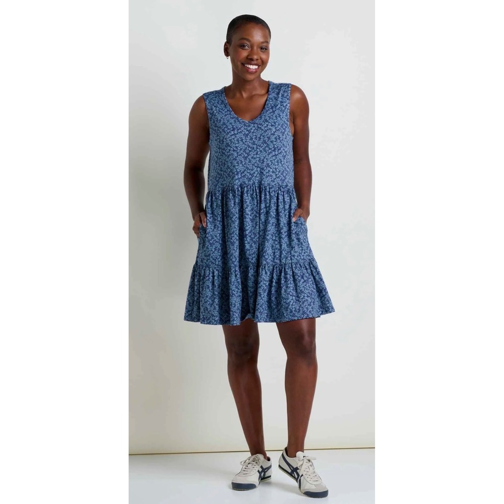 Toad&Co Womens Blue Floral Tiered Sleeveless Marley Dress Cotton Tencel XL